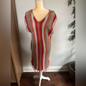 Swiftie Coachella Hobo Striped Crochet Tunic Dress in Red, Yellow, White OS